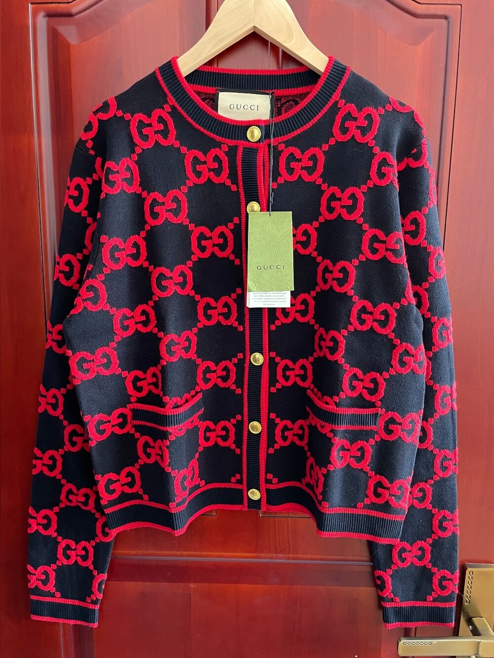 Gucci Black & Red Interlocking GG Knit Cardigan Jacket